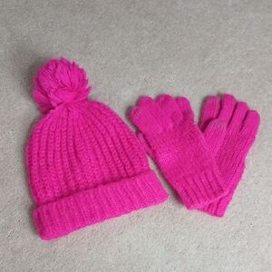 GAP Sequin Pom Hat & Gloves Set Hot Pink